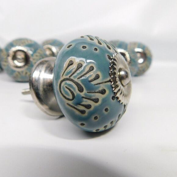 Casa Decor Ceramic DRAWER PULL KNOBS CABINET Blue Silver Handmade India-Set of 8 - Picture 1 of 5